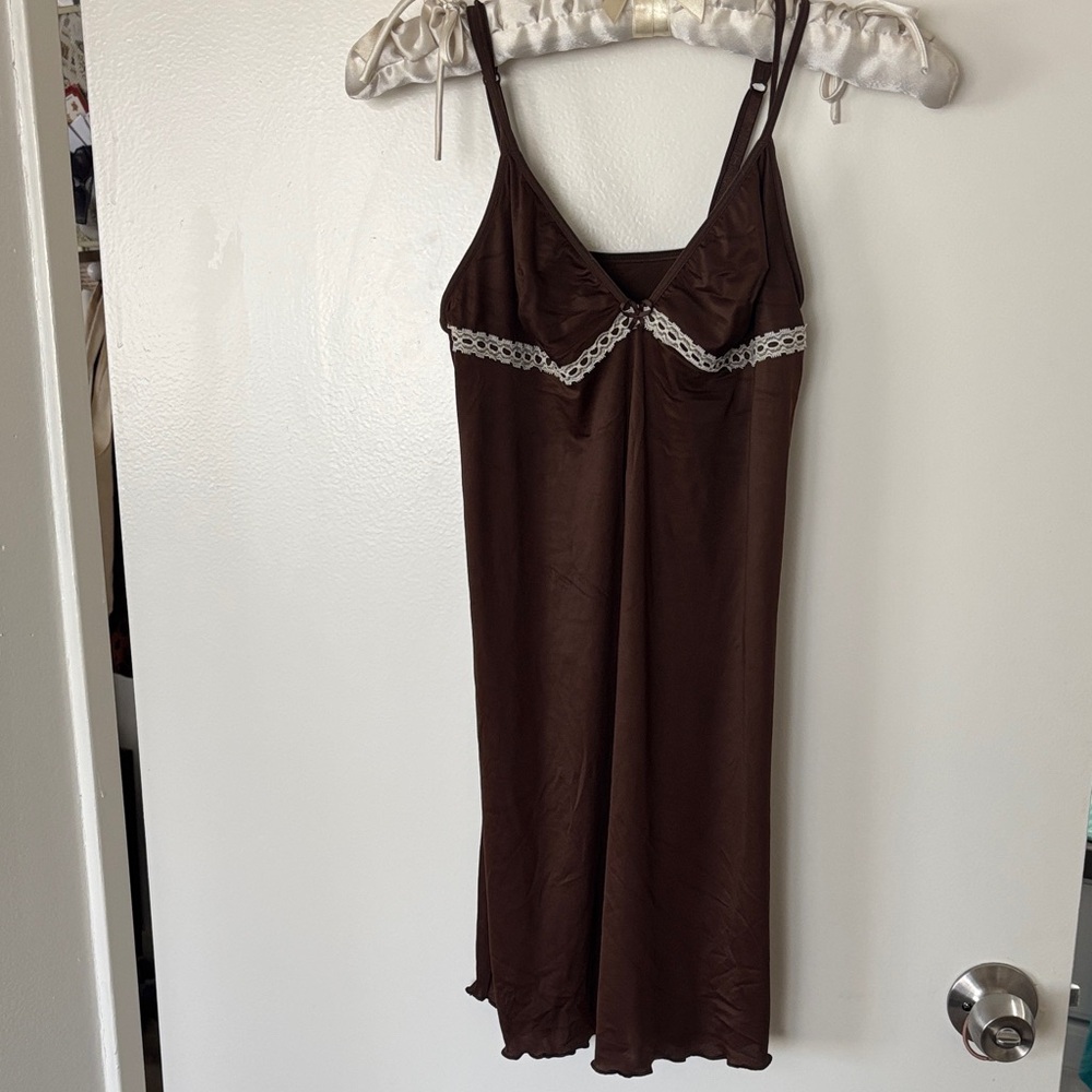 Soft Brown Lace Trim Slip Nightgown
